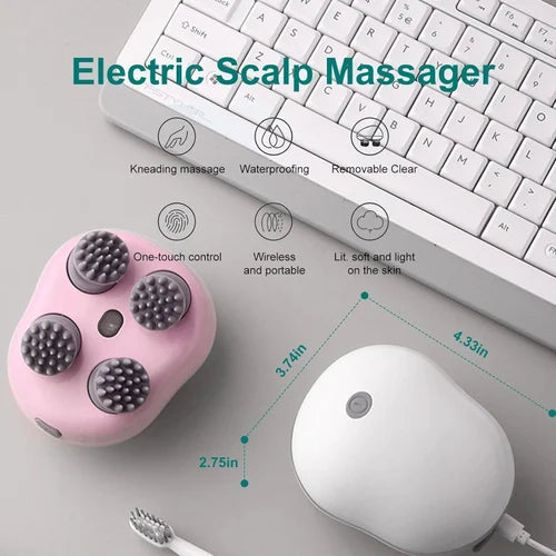 Electric Scalp Massager – Wireless Waterproof Head Massager with 4 Rotating Nodes | Portable & Rechargeable Hair & Stress Relief Device