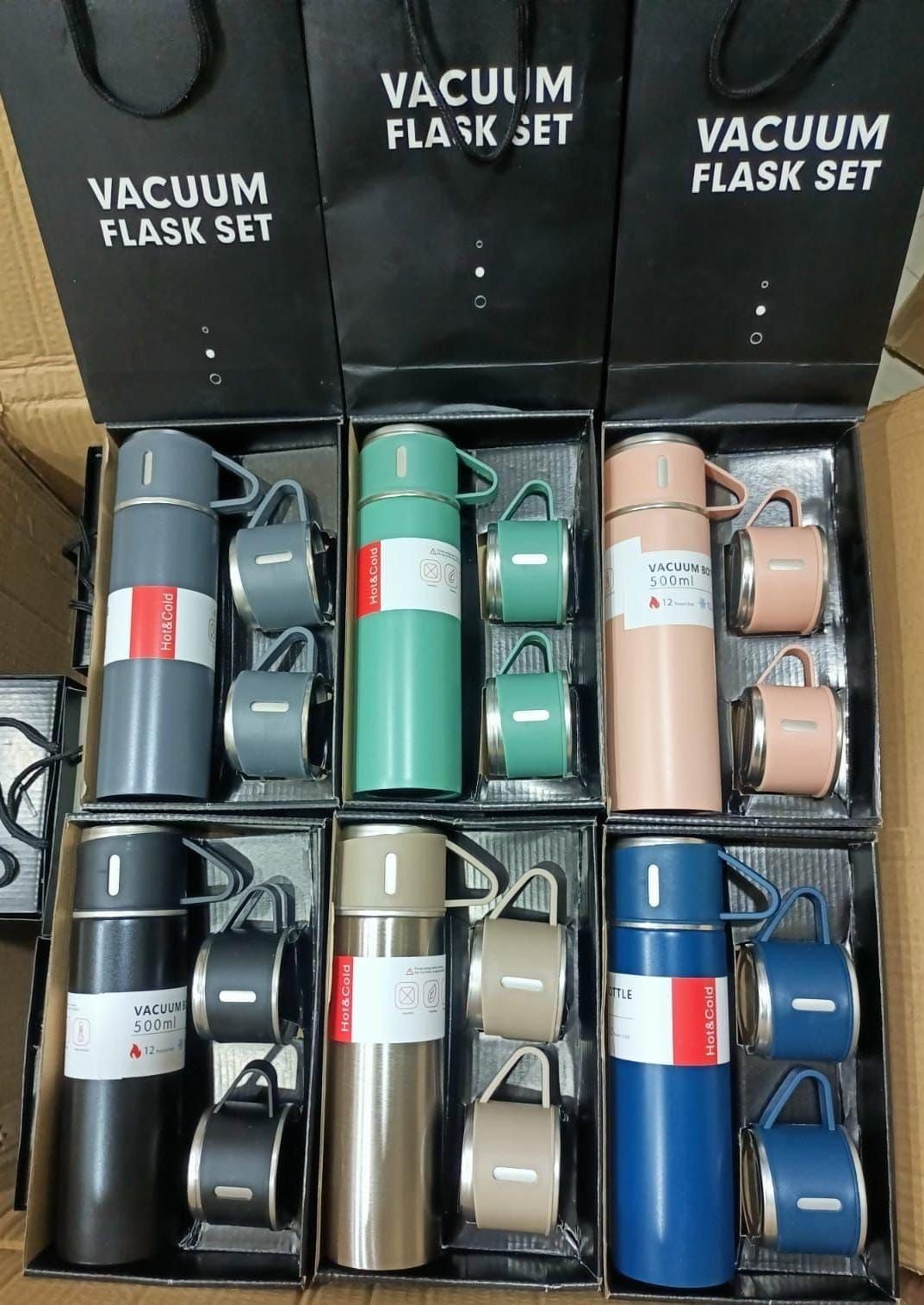 500ml Vacuum Insulated Thermos Bottle with Dual Cups – 12 Hours Hot & Cold Stainless Steel Travel Flask
