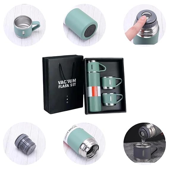 500ml Vacuum Insulated Thermos Bottle with Dual Cups – 12 Hours Hot & Cold Stainless Steel Travel Flask